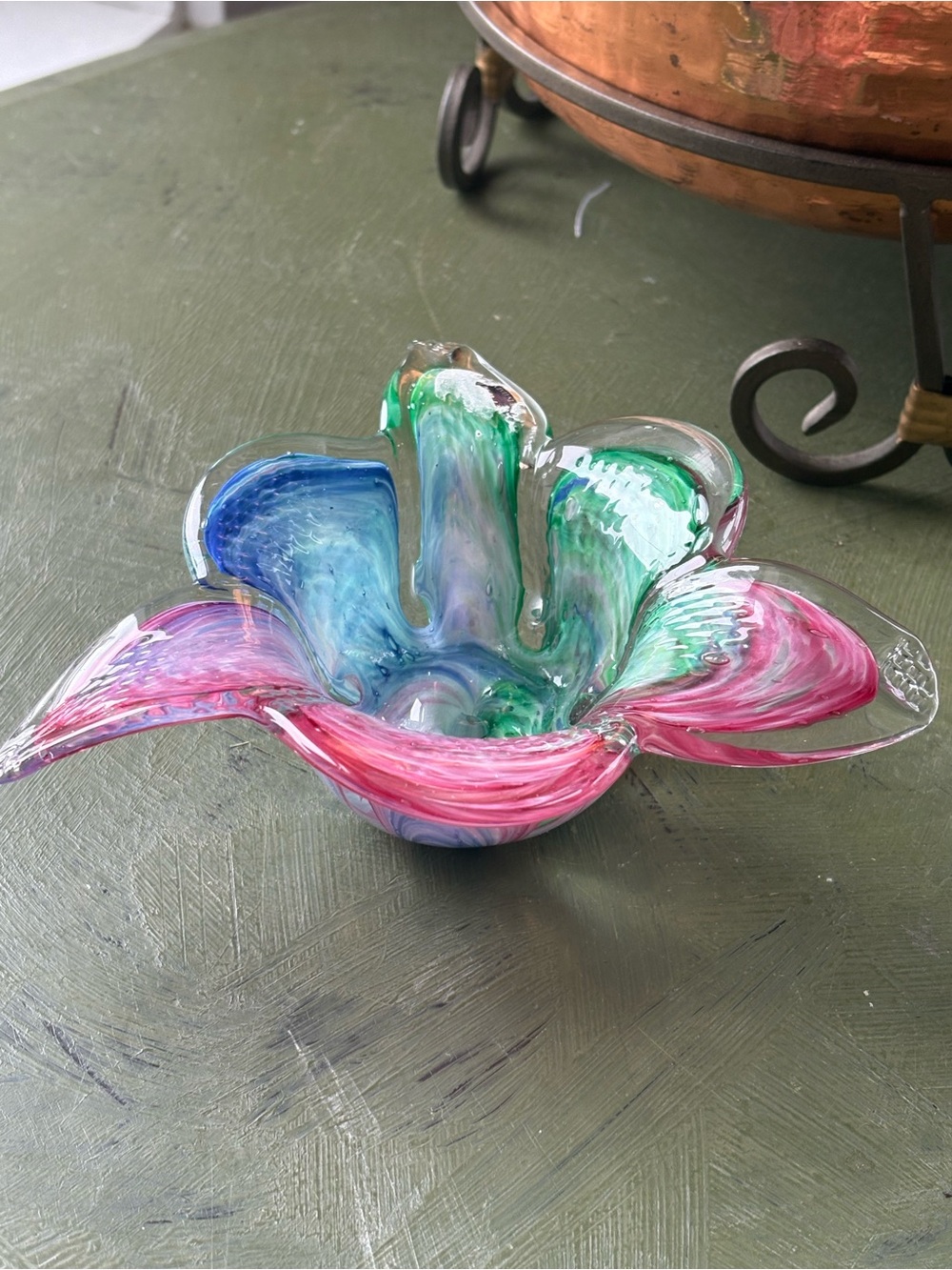 Hand-Blown Glass Flower Bowl in Pink, Blue & Green